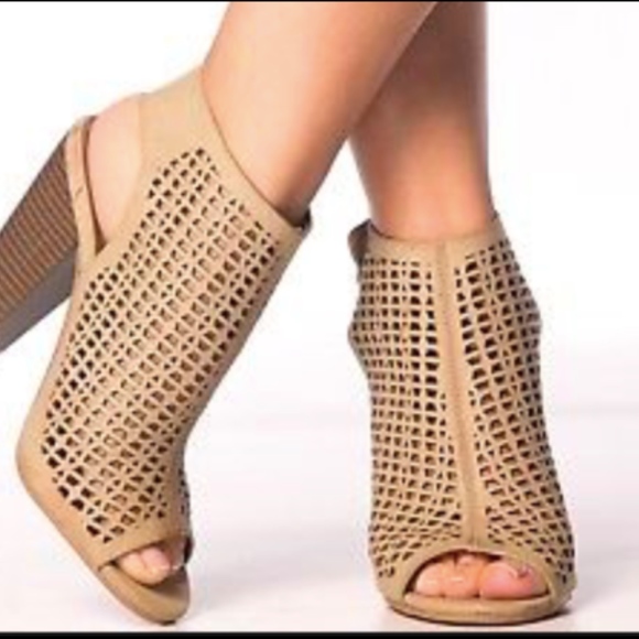 Taupe Bamboo open Toe Mesh Chunky heel Shoe - Picture 4 of 4